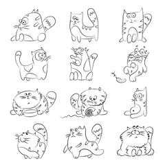 Cute cats of different actions. Vector sketch set isolated on a white background.