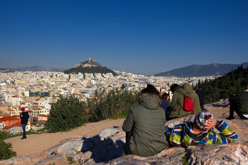 Areopagus hill, Athens, Greece, tourists enjoy panoramic view of Athens