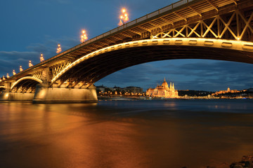 Margaret bridge with Parliament building night view, Budapest