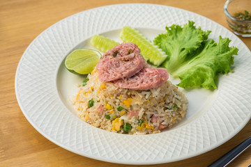 Fried rice with fermented pork and vegetable, Thai food style.