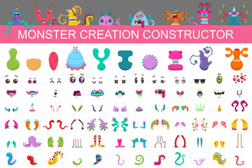 Monster creation constructor kit. Vector cartoon set of eyes, mouths, arms, noses, tails, horns and bodies to collect the characters of cute aliens and funny creatures. © Roi_and_Roi