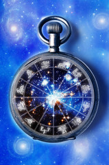 astrology clock with zodiac signs over starry blue background 