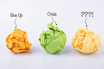 problem solving concept, give up and crisis word representing crumple paper