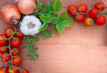 background ingredients kitchen top view with noodles eggs tomatoes and fresh herbs