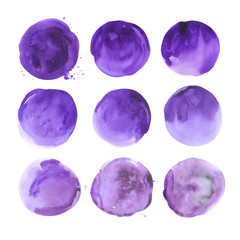 Set of hand drawn watercolor ultraviolet spots. Collection purple round stains. Isolated on white background. Wet texture, grained paper. A deep saturated tone. Color 2018. A kit of blotches.