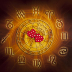 zodiac signs with horoscope background, two red hearts like the concept of astrology and loeve