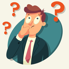 Thinking business man character. Vector cartoon illustration of a male with a question mark isolated on background.