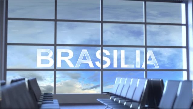 Commercial airplane landing at Brasilia international airport. Travelling to Brazil conceptual intro animation