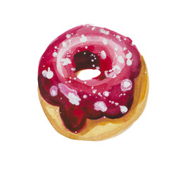 Watercolor donut in red glaze and powdered sugar. Object on a white background, suitable for compositions on the theme of sweets and food. It is also possible to use it as an independent object .