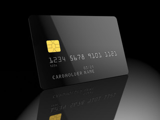Black blank credit card, on black background. Empty template. 3D illustration.