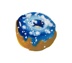 Watercolor donut in blue glaze of heavenly color in powdered sugar. Object on a white background, suitable for compositions on the theme of sweets and food. 