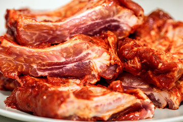 Seasoned pork ribs in closeup