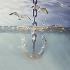 anchor dropping below water level with seagulls