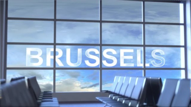 Commercial airplane landing at Brussels international airport. Travelling to Belgium conceptual intro animation