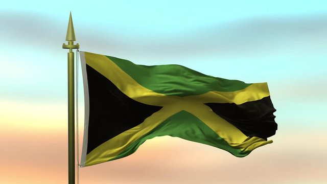 National Flag of  Jamaica waving in the wind against the sunset sky background slow motion Seamless Loop Animation