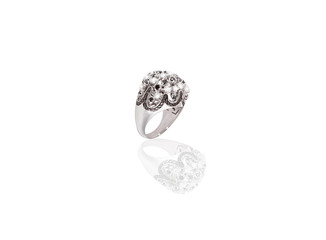 Platinum precious ring female with diamonds  on white isolated background.