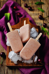 Fototapeta premium Cherry ice cream with mint and fresh cherries