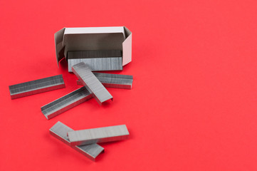 Stationery new metal clips for stapler poured out of cardboard box on red background