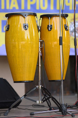 Fototapeta na wymiar Yellow drums placed on stage