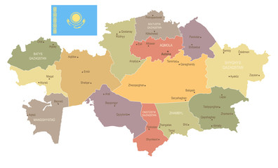 Kazakhstan - vintage map and flag - Detailed Vector Illustration