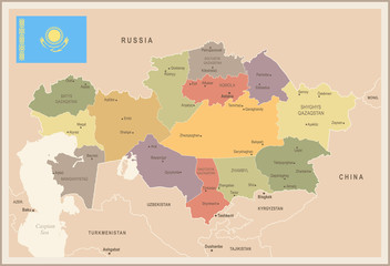 Kazakhstan - vintage map and flag - Detailed Vector Illustration