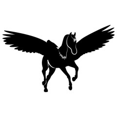Vector image of a silhouette of a mythical creature of pegasus on a white background. Horse with wings on hind legs.