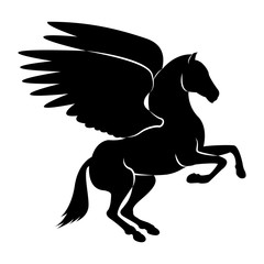 Vector image of a silhouette of a mythical creature of pegasus on a white background. Horse with wings on hind legs.