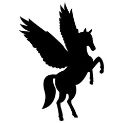 Obraz na płótnie Canvas Vector image of a silhouette of a mythical creature of pegasus on a white background. Horse with wings on hind legs.