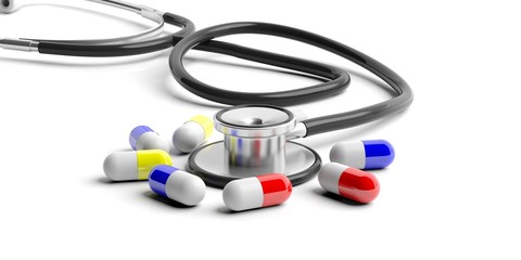 Pills and a stethoscope on white background. 3d illustration