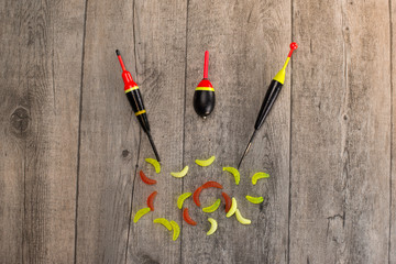 fishing tackle on a wooden table