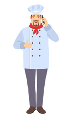 Chef talking on the mobile phone and showing thumb up