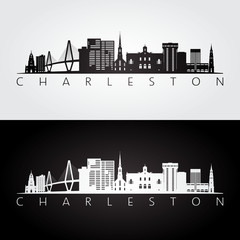Fototapeta premium Charleston usa panoramę i zabytki sylwetka, czarno-biały design, ilustracji wektorowych.