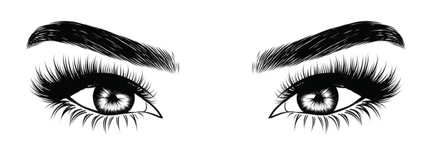 Fototapeta premium Illustration of woman's sexy luxurious eye with perfectly shaped eyebrows and full lashes. Hand-drawn Idea for business visit card, typography vector. Perfect salon look.
