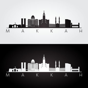 Makkah skyline and landmarks silhouette, black and white design, vector illustration.