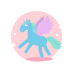 Color unicorn. Vector illustration. Fairy-tale subjects and characters. Objects on a colored circle. Design for pictures, icons, postcards, covers, flat and cartoon style.