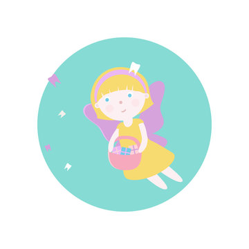 Girl in costume of a tooth fairy.Vector illustration. Fairy-tale subjects and characters. Objects on a colored circle. Design for pictures, icons, postcards, covers, flat and cartoon style.