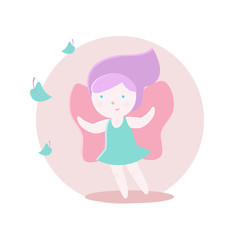 The fairy with wings looks at the leaves. Vector illustration. Fairy-tale subjects and characters. Objects on a colored circle. Design for pictures, icons, postcards, covers, flat and cartoon style.