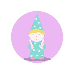 Fototapeta na wymiar A wizard boy holds books in his hands. Vector illustration. Fairy-tale subjects and characters. Objects on a colored circle. Design for pictures, icons, postcards, covers, flat and cartoon style.