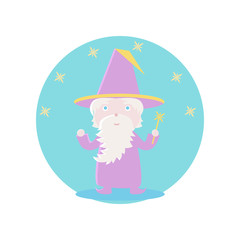 The old wizard holds a magic wand in his hand and looks at the stars. Vector illustration. Fairy-tale subjects and characters. Objects on a colored circle. Design for pictures, icons, postcards