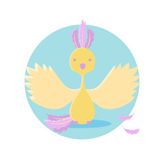 A magical beautiful bird. Vector illustration. Fairy-tale subjects and characters. Objects on a colored circle. Design for pictures, icons, postcards, covers, flat and cartoon style.