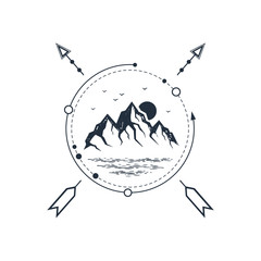 Hand drawn travel badge with mountains textured vector illustration.