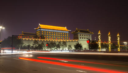Illuminated famous ancient Bell Tower at night. China, Xian