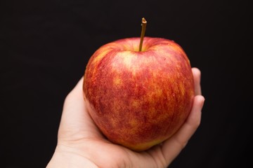 a ripe red and yellow apple in woman's hand