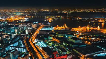 Aerial view of the Osaka Bay harbor area at night