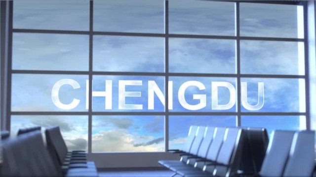 Commercial airplane landing at Chengdu international airport. Travelling to China conceptual intro animation
