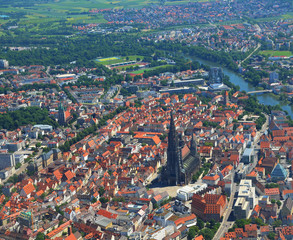 Closer Aerial view of Ulm Minster (Ulmer Münster) and Ulm, south germany on a sunny summer day