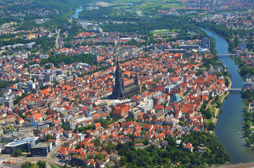 Closer Aerial view of Ulm Minster (Ulmer Münster) and Ulm, south germany on a sunny summer day