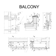Detailed architectural plan, blueprint of balcony. Vector illustration