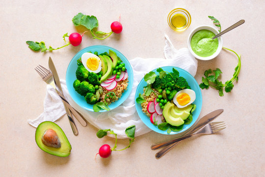 Healthy detox food served in bowls, view from above