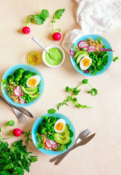 Healthy detox food served in bowls, view from above